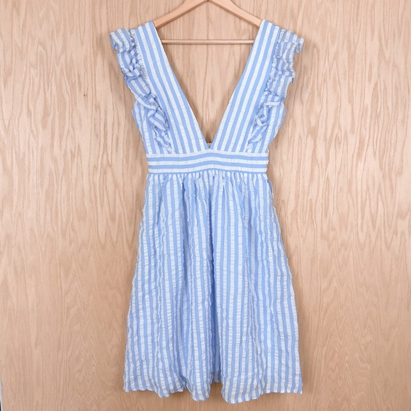 Pink Lily x Caitlin Covington Hamptons Deep V Striped Blue Midi Dress - Picture 2 of 10